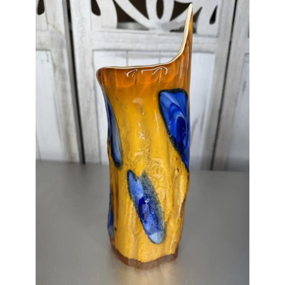 Vintage Murano Tree Art Glass Vase Hand Blown Orange Blue Color Fusion